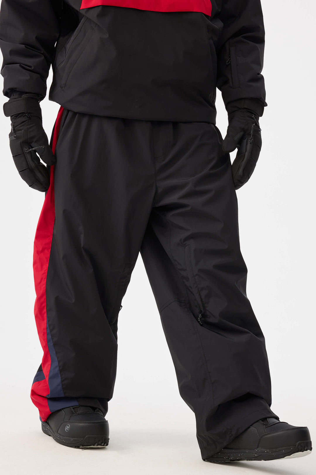 Men's Black & Red Heritage Athletic Colorblock Baggy Snow Pants