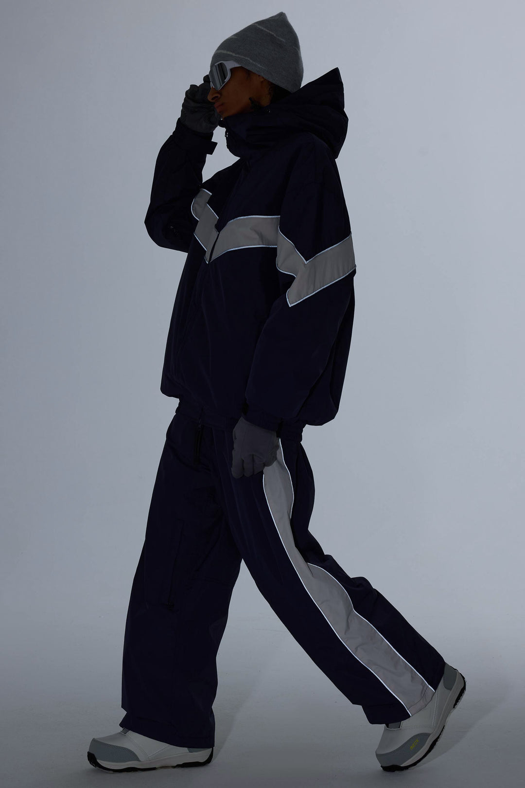 Damskie czarne spodnie narciarskie Retro Track Side w paski Baggy