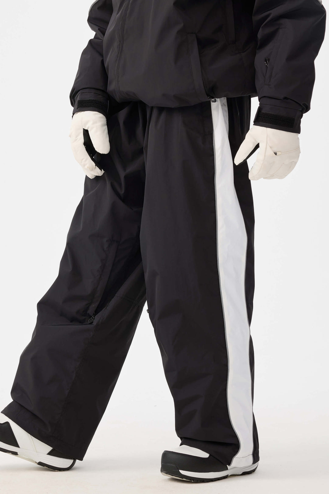 Damskie czarne spodnie narciarskie Retro Track Side w paski Baggy