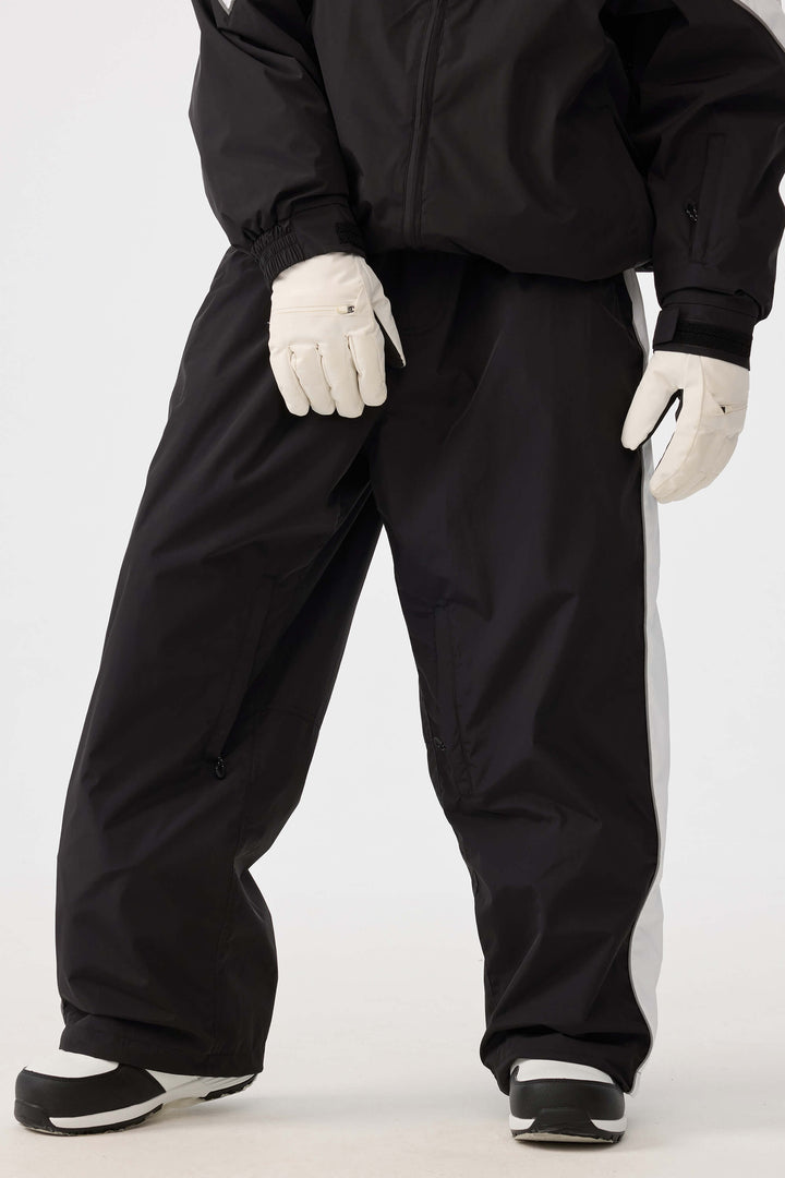 Damskie czarne spodnie narciarskie Retro Track Side w paski Baggy