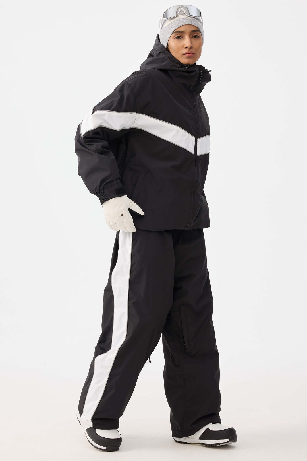 Damskie czarne spodnie narciarskie Retro Track Side w paski Baggy