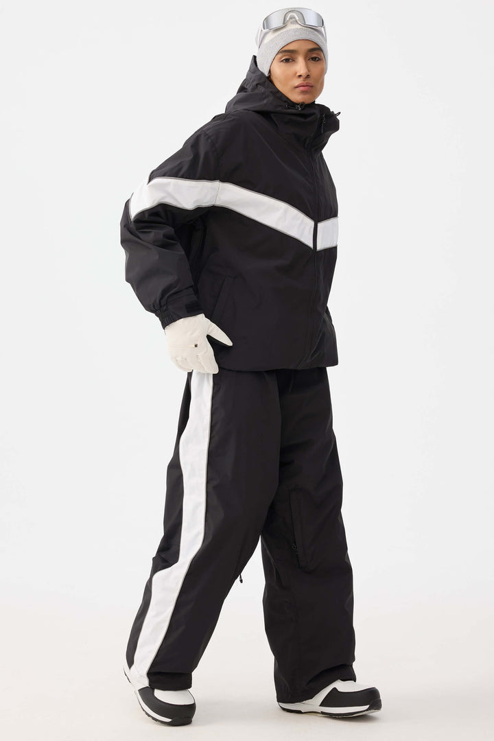 Damskie czarne spodnie narciarskie Retro Track Side w paski Baggy
