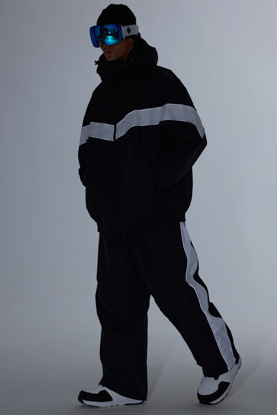 Damskie czarne spodnie narciarskie Retro Track Side w paski Baggy