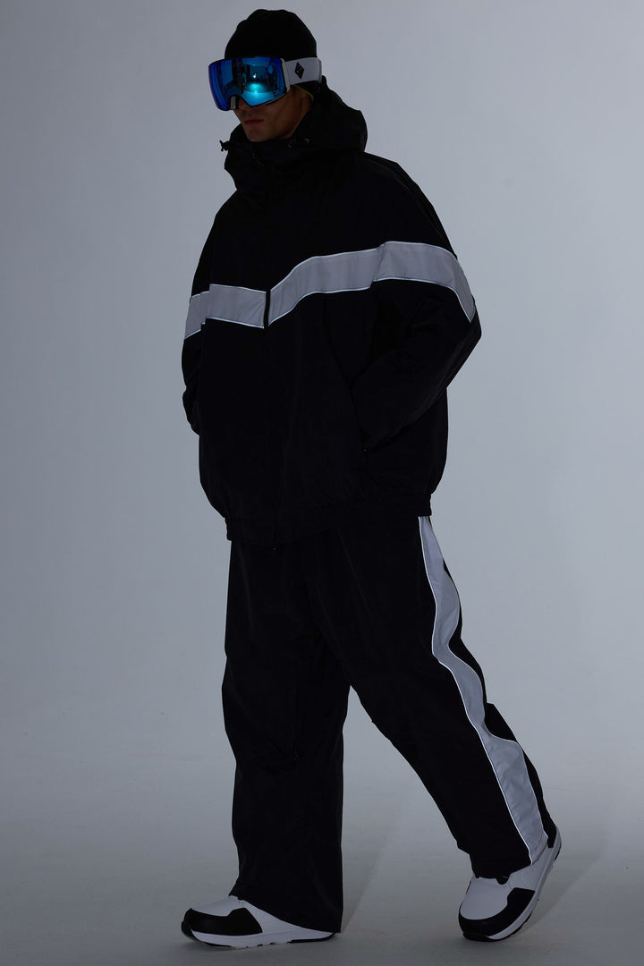 Damskie czarne spodnie narciarskie Retro Track Side w paski Baggy