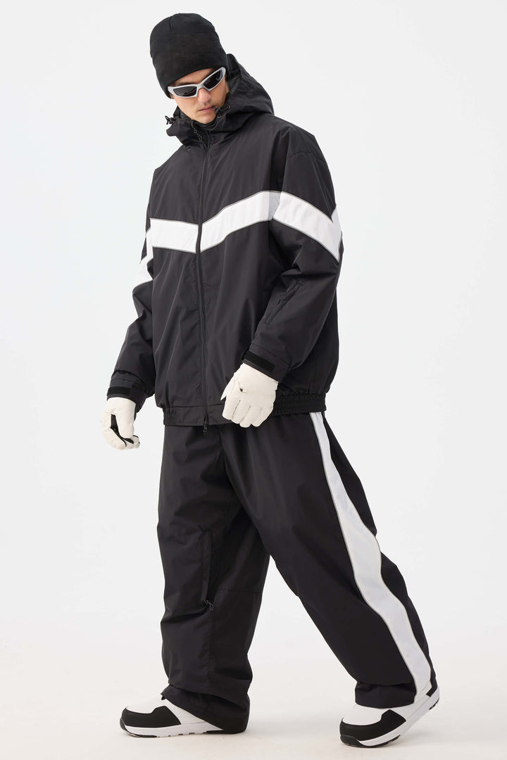 Męskie czarne spodnie narciarskie Retro Track Side w paski Baggy