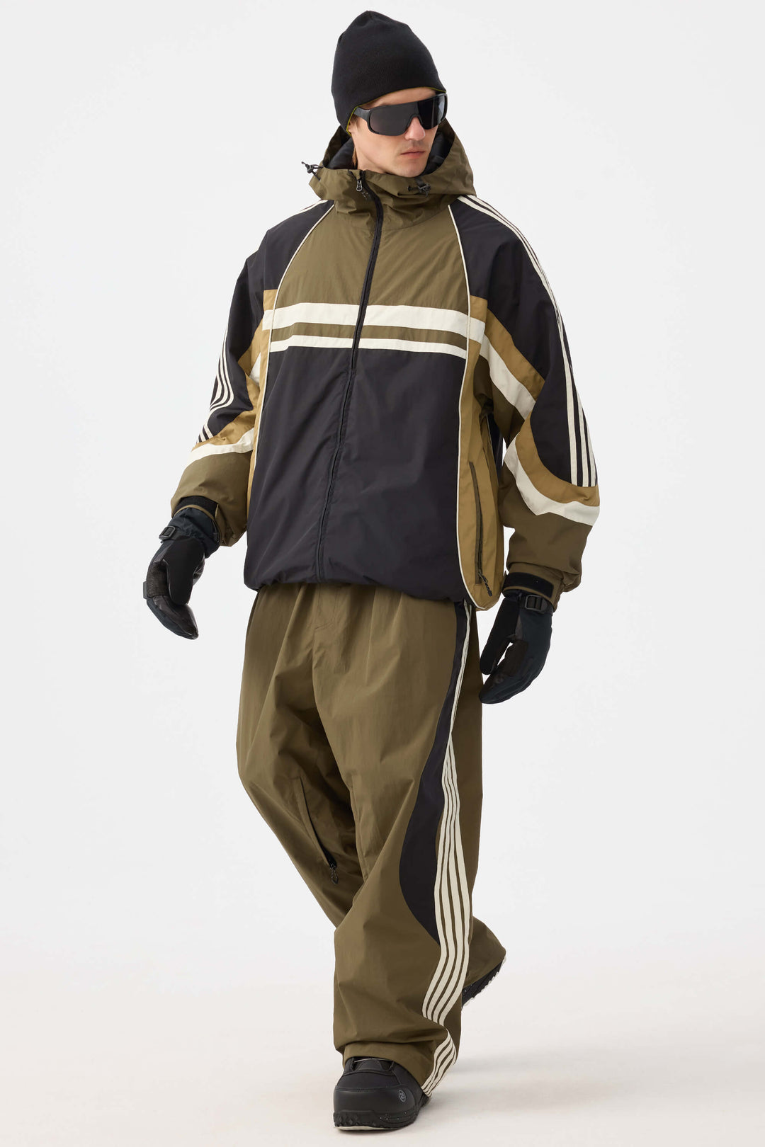 Herr olivgrön retro sportiga snöbyxor med sidoränder