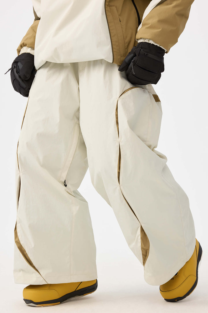 Beige Retro Urban Damen-Schneehose mit Paneelkonstruktion und lockerem Sitz 