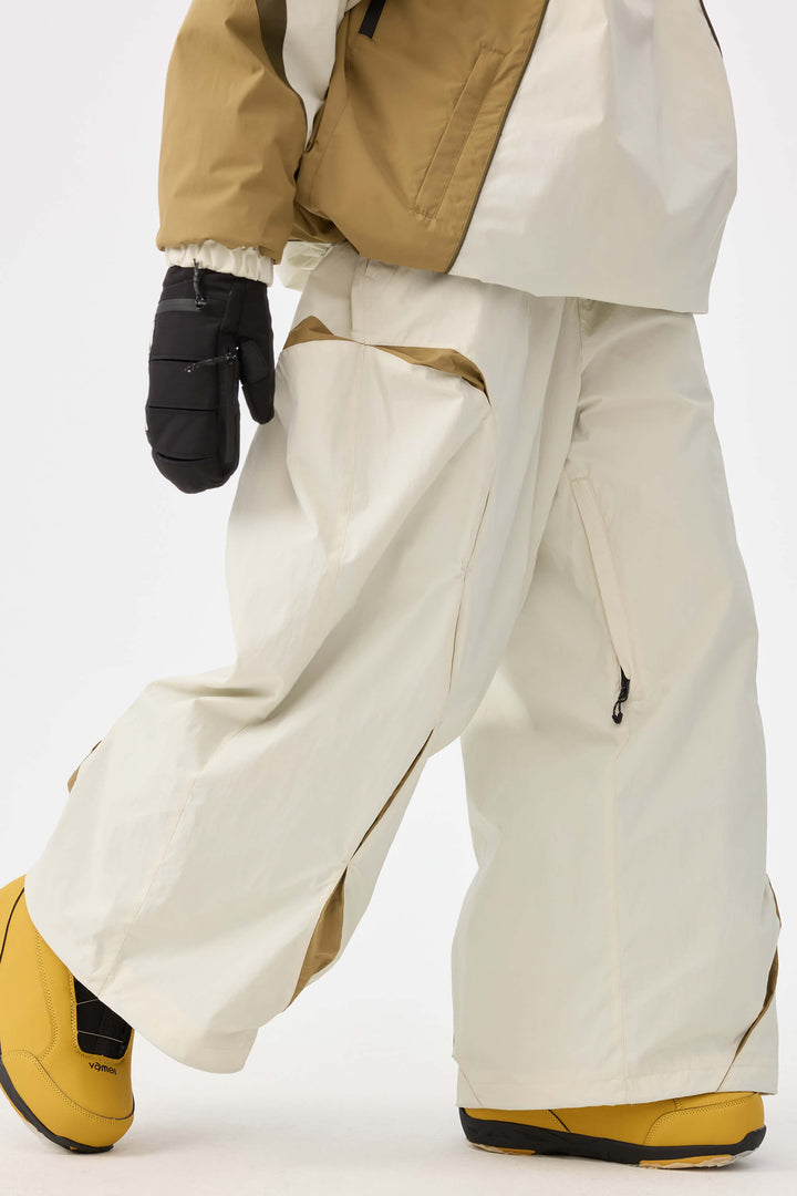 Beige Retro Urban Damen-Schneehose mit Paneelkonstruktion und lockerem Sitz 