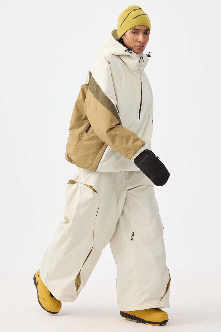 Beige Retro Urban Damen-Schneehose mit Paneelkonstruktion und lockerem Sitz 