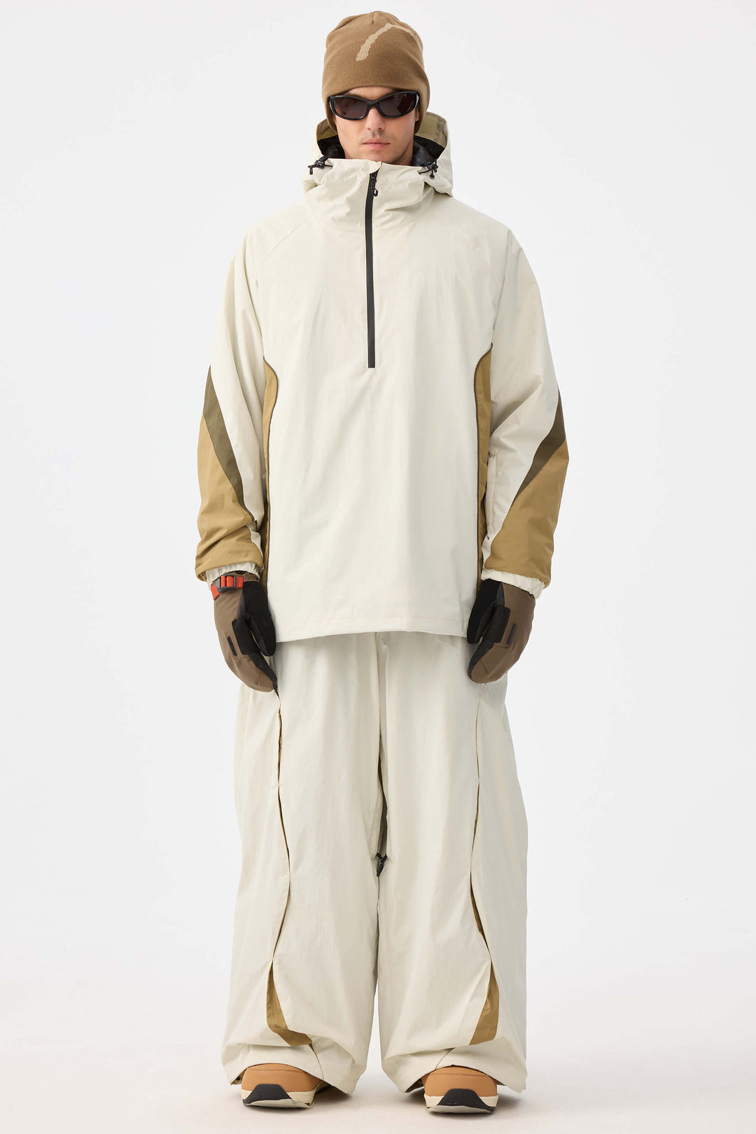 Beige Retro Urban Paneled Construction Baggy Sneeuwbroek voor Heren