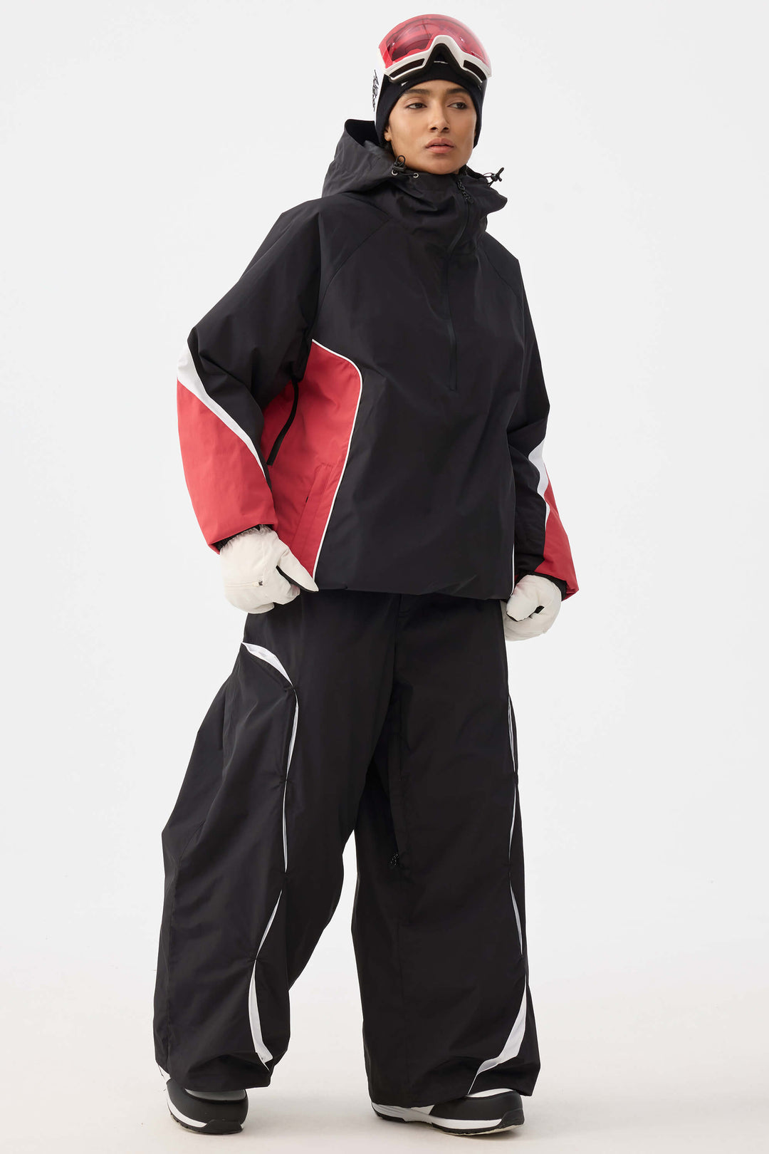 Beige Retro Urban Damen-Schneehose mit Paneelkonstruktion und lockerem Sitz 