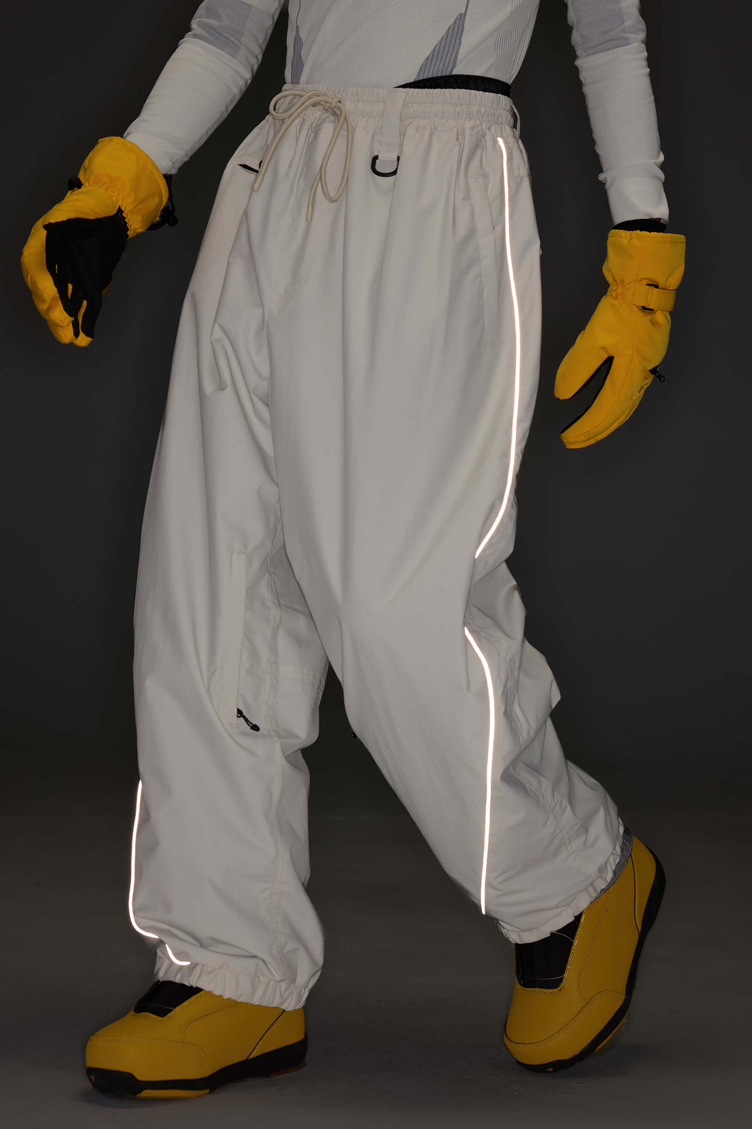Men's Brown Baggy Reflective Piping Drawstring Snow Pants