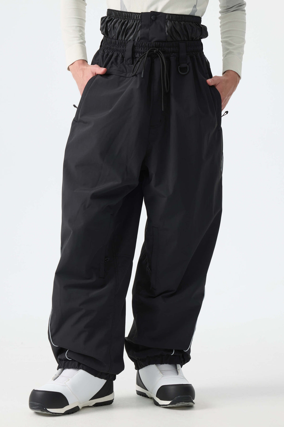 Men's Brown Baggy Reflective Piping Drawstring Snow Pants