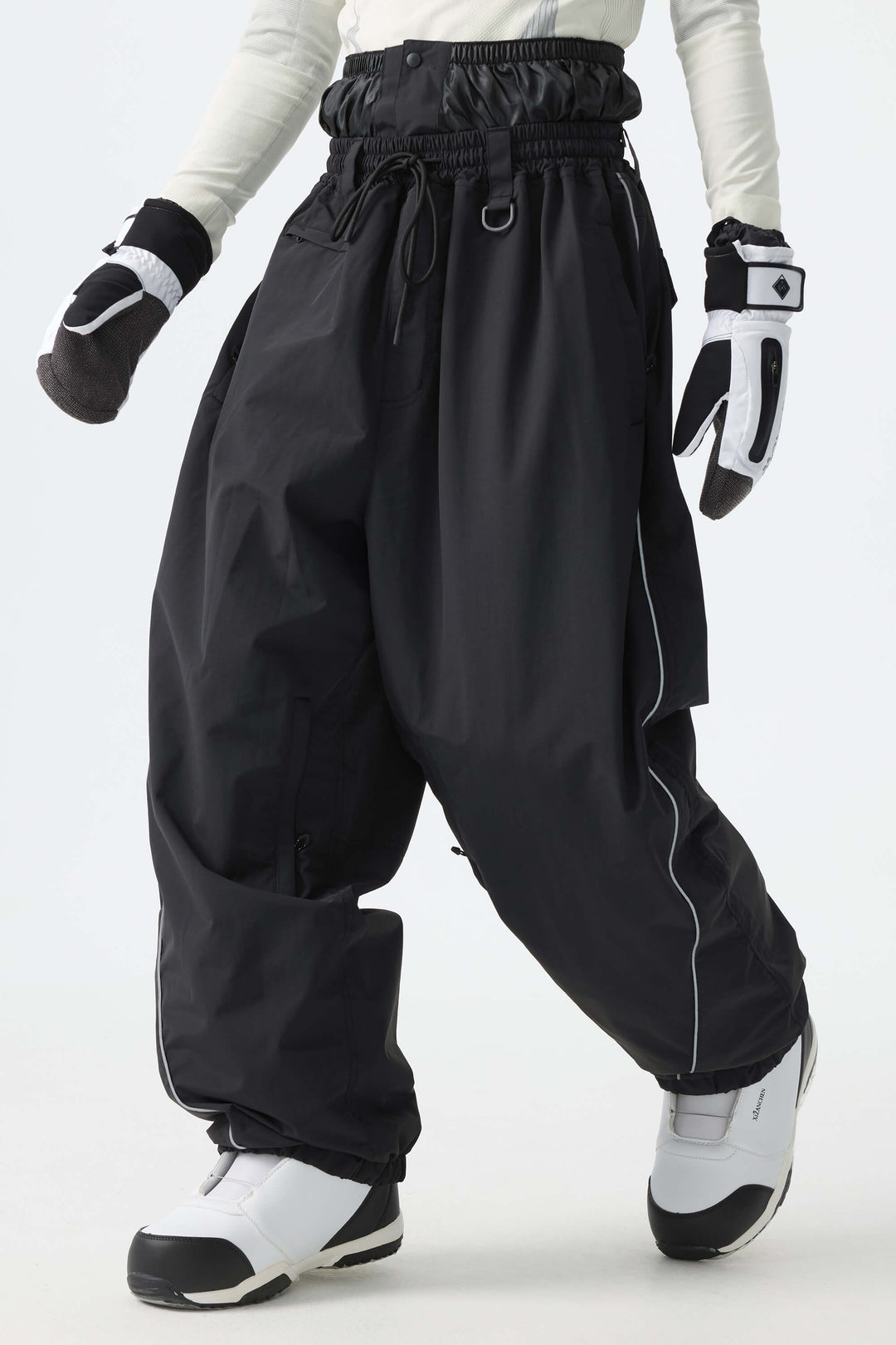 Men's Brown Baggy Reflective Piping Drawstring Snow Pants