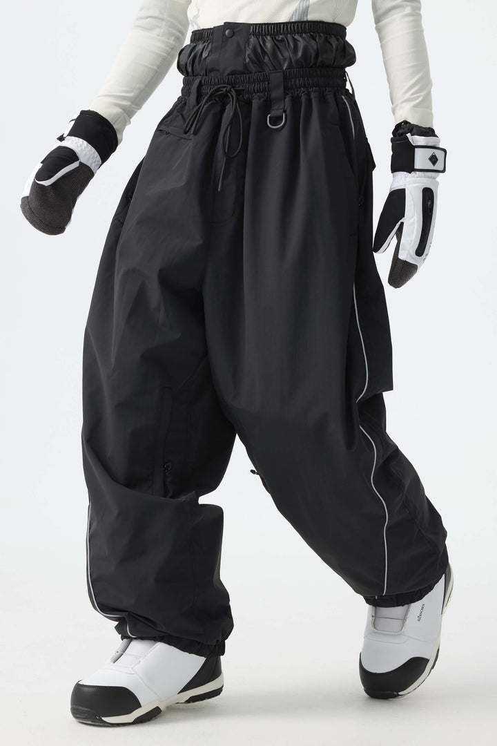 Men's Brown Baggy Reflective Piping Drawstring Snow Pants