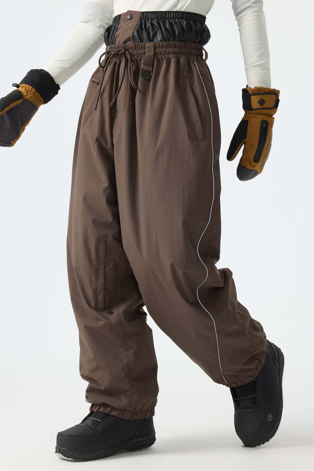 Men's Brown Baggy Reflective Piping Drawstring Snow Pants