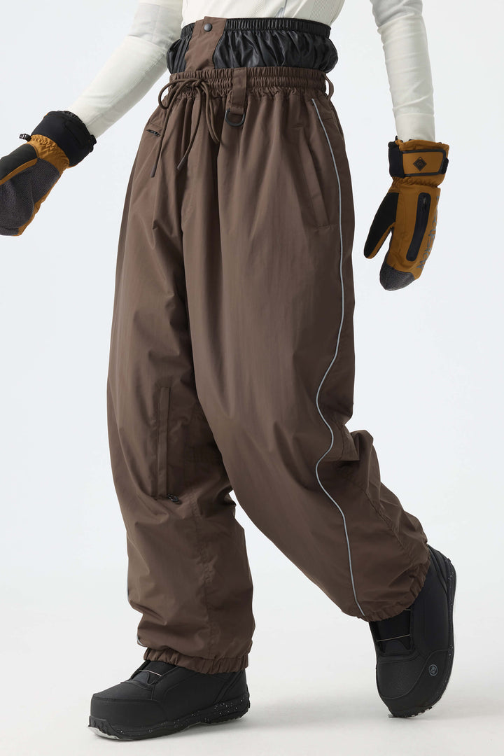 Men's Brown Baggy Reflective Piping Drawstring Snow Pants