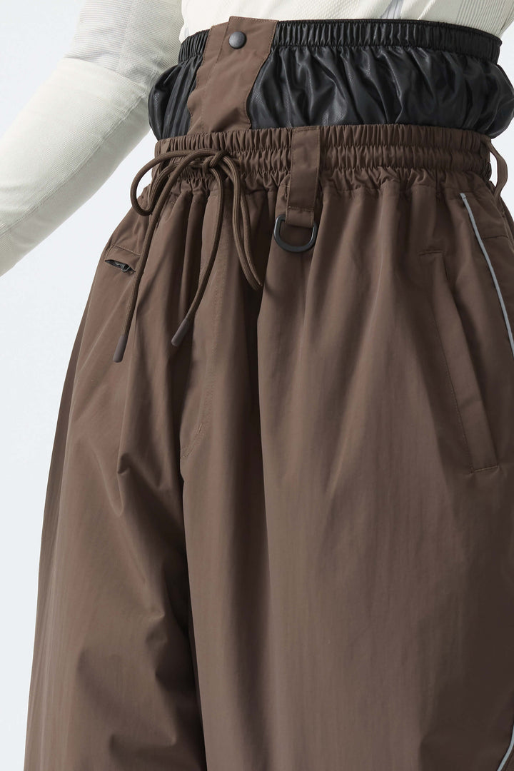Men's Brown Baggy Reflective Piping Drawstring Snow Pants