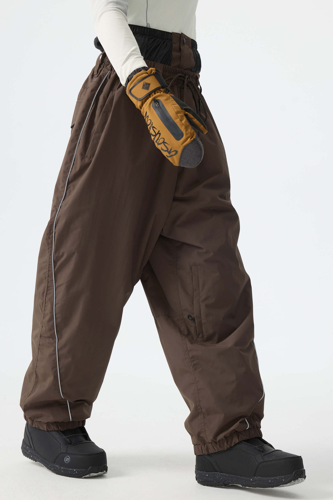 Men's Brown Baggy Reflective Piping Drawstring Snow Pants