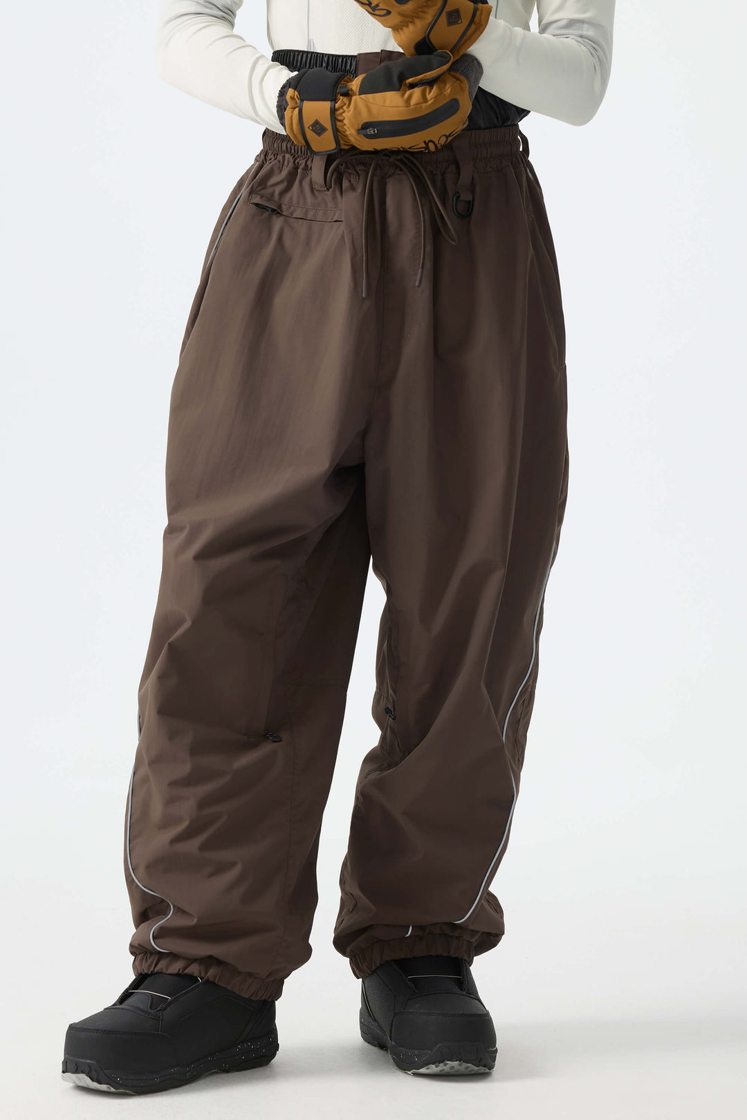 Men's Brown Baggy Reflective Piping Drawstring Snow Pants
