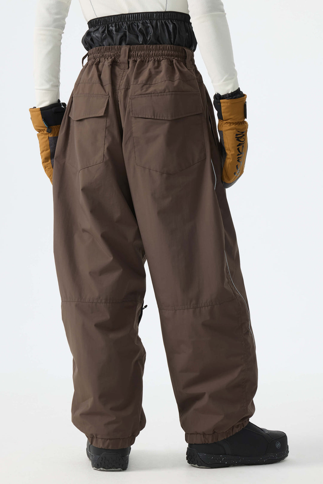 Men's Brown Baggy Reflective Piping Drawstring Snow Pants