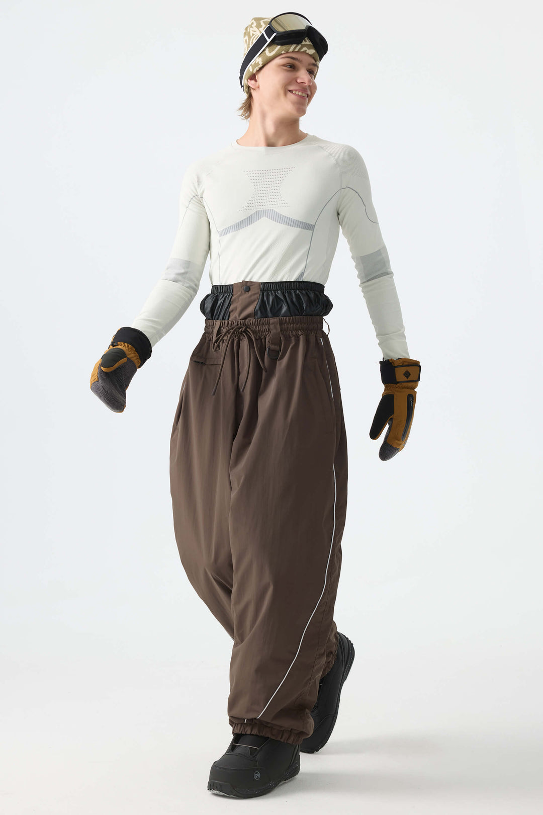 Men's Brown Baggy Reflective Piping Drawstring Snow Pants
