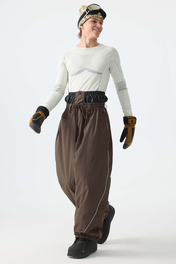 Men's Brown Baggy Reflective Piping Drawstring Snow Pants