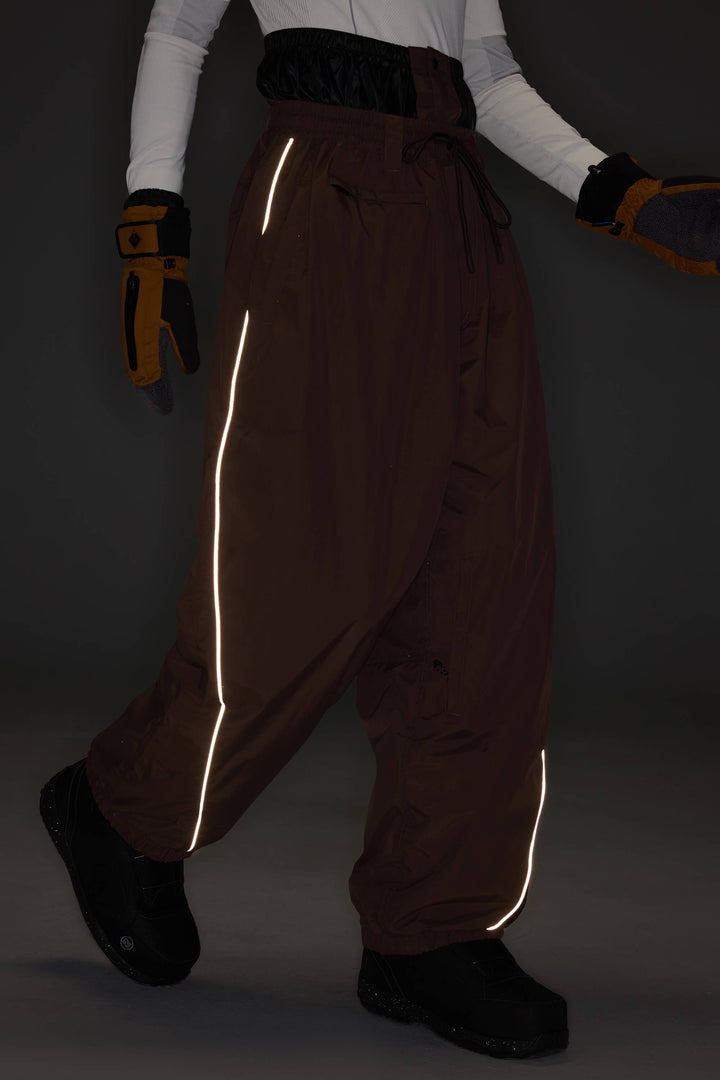 Men's Brown Baggy Reflective Piping Drawstring Snow Pants