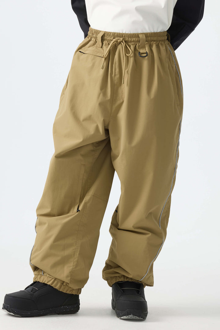 Men's Brown Baggy Reflective Piping Drawstring Snow Pants