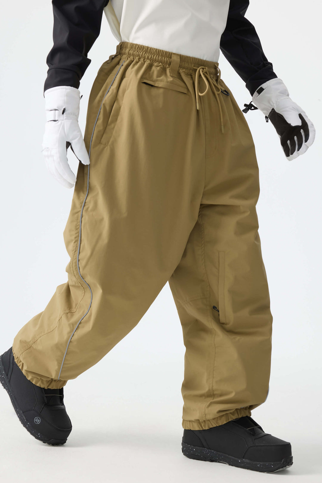 Men's Brown Baggy Reflective Piping Drawstring Snow Pants