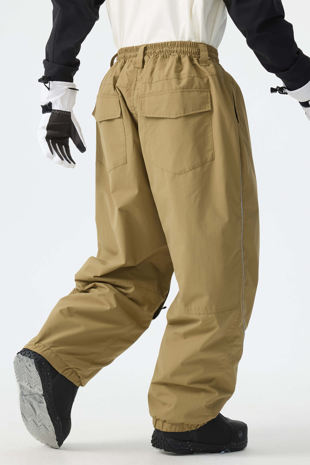 Men's Khaki Baggy Reflective Piping Drawstring Snow Pants