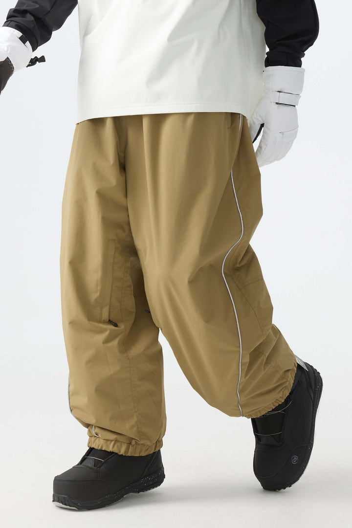 Men's Khaki Baggy Reflective Piping Drawstring Snow Pants