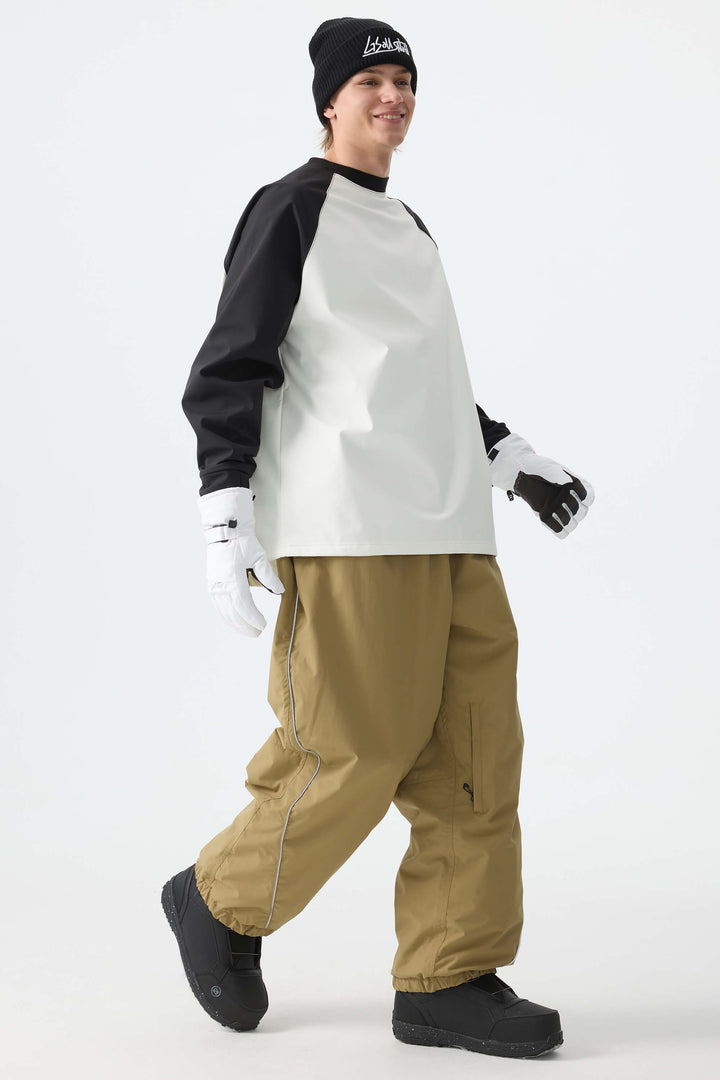 Men's Khaki Baggy Reflective Piping Drawstring Snow Pants
