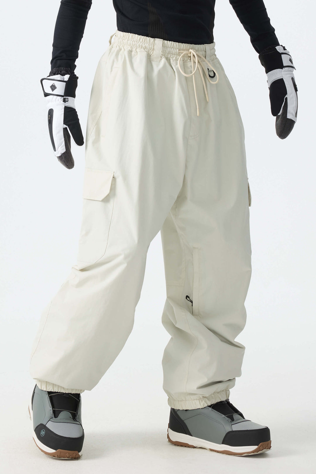 Men's Off White Sleek Sport Utility Hidden Cargo Pockets Baggy Snow Pants