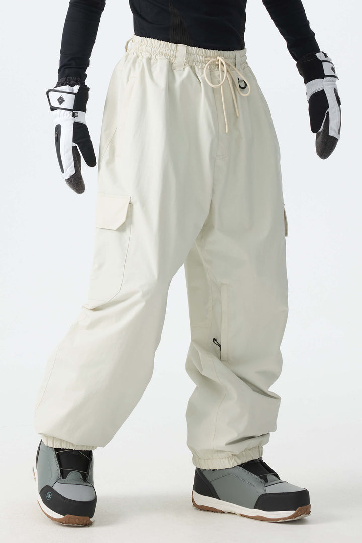 Men's Off White Sleek Sport Utility Hidden Cargo Pockets Baggy Snow Pants