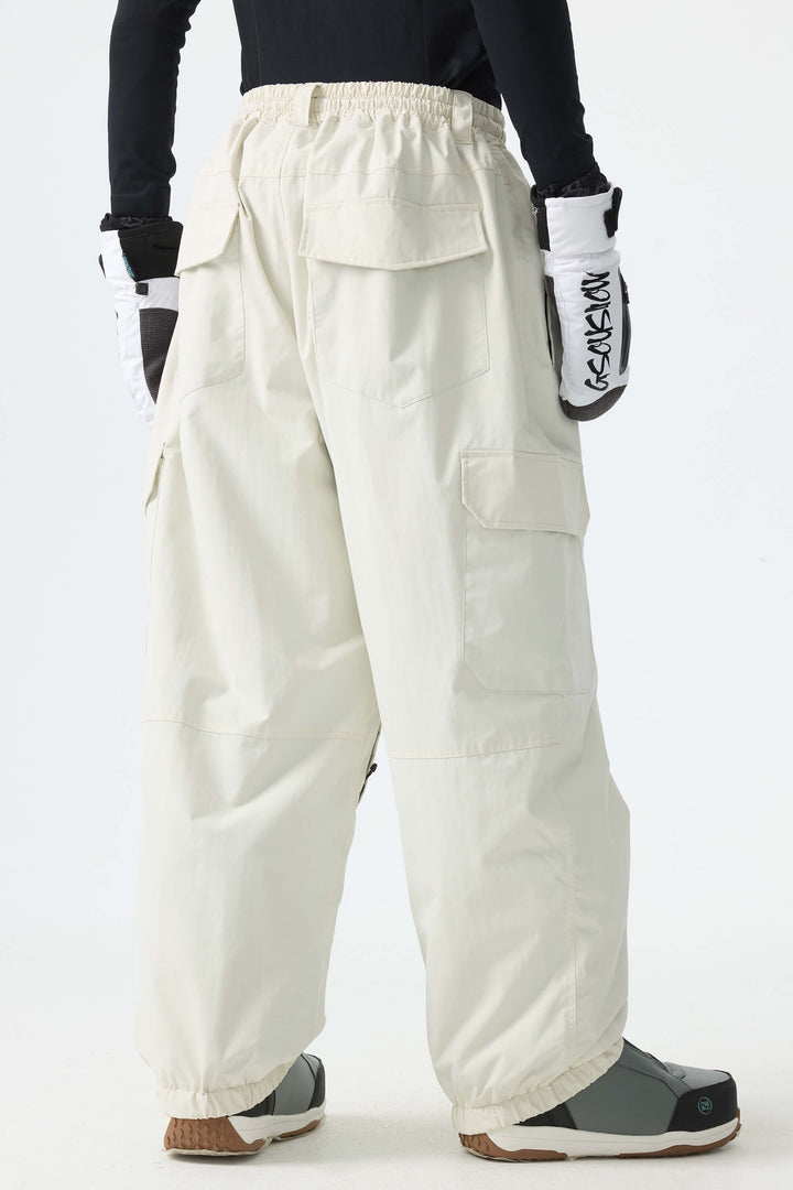 Men's Off White Sleek Sport Utility Hidden Cargo Pockets Baggy Snow Pants