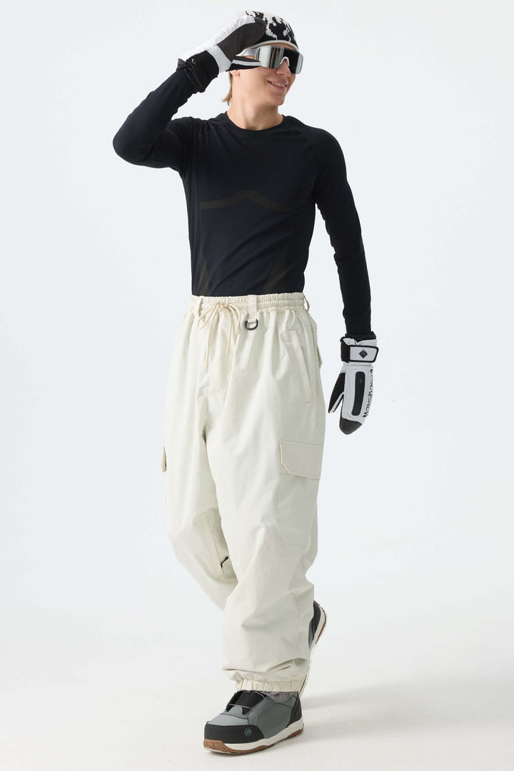 Men's Off White Sleek Sport Utility Hidden Cargo Pockets Baggy Snow Pants
