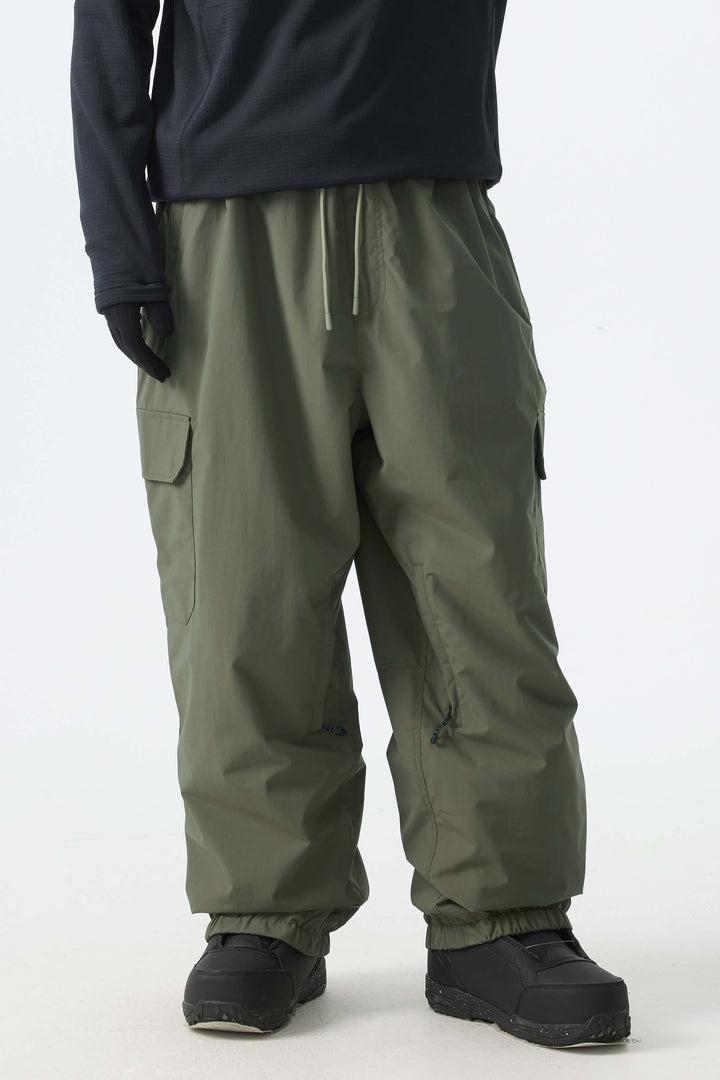 Men's Khaki Sleek Sport Utility Hidden Cargo Pockets Baggy Snow Pants