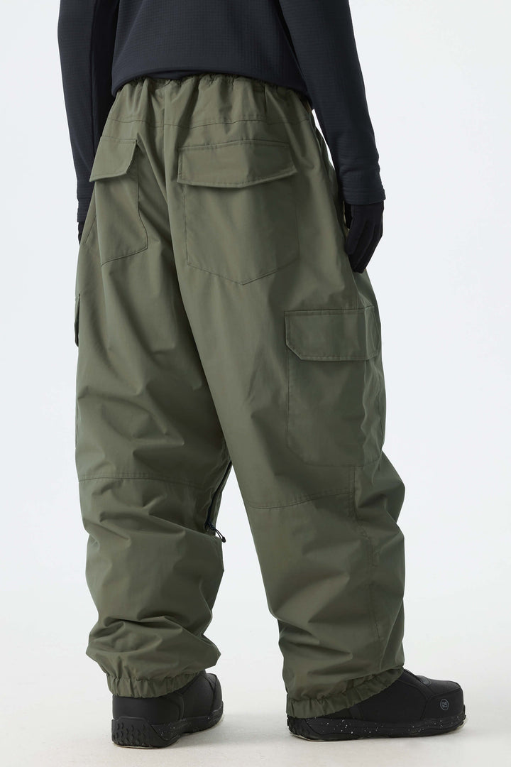 Men's Olive Green Sleek Sport Utility Hidden Cargo Pockets Baggy Snow Pants