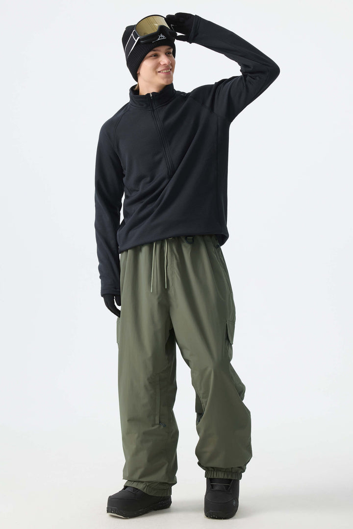 Men's Olive Green Sleek Sport Utility Hidden Cargo Pockets Baggy Snow Pants