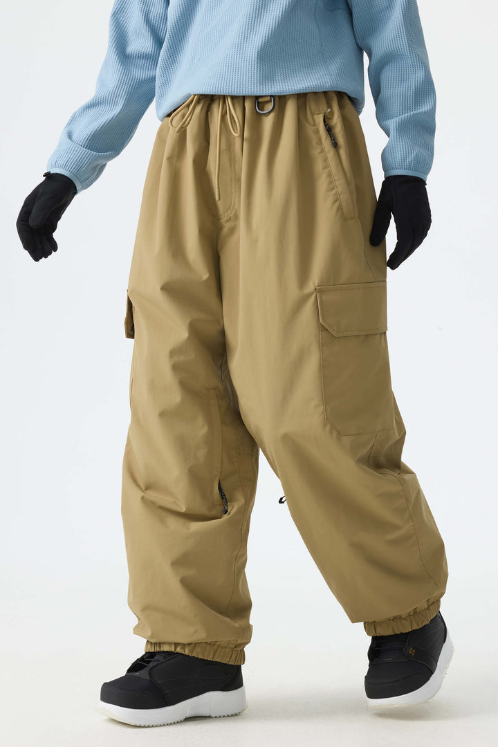 Calça de neve feminina preta, elegante, esportiva, utilitária, com bolsos cargo ocultos e modelagem folgada.