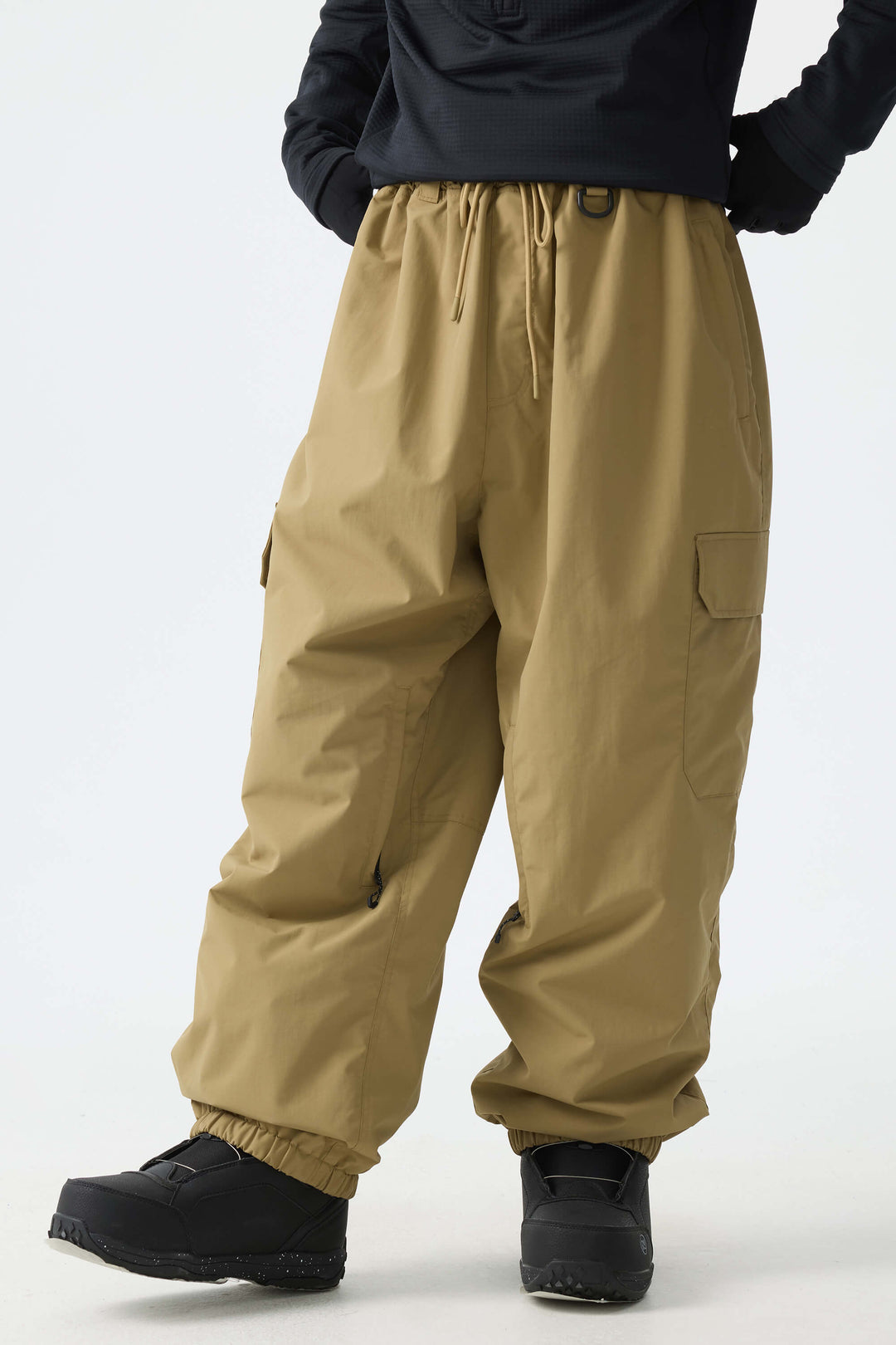 Men's Khaki Sleek Sport Utility Hidden Cargo Pockets Baggy Snow Pants