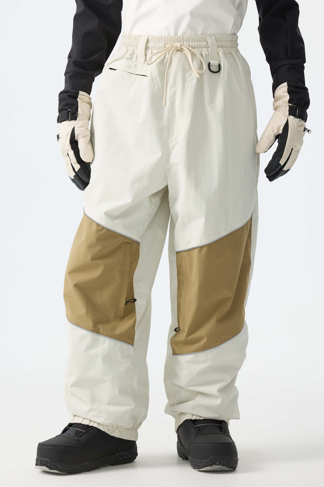 Men's Brown Color-Block Reflective Baggy Snow Pants