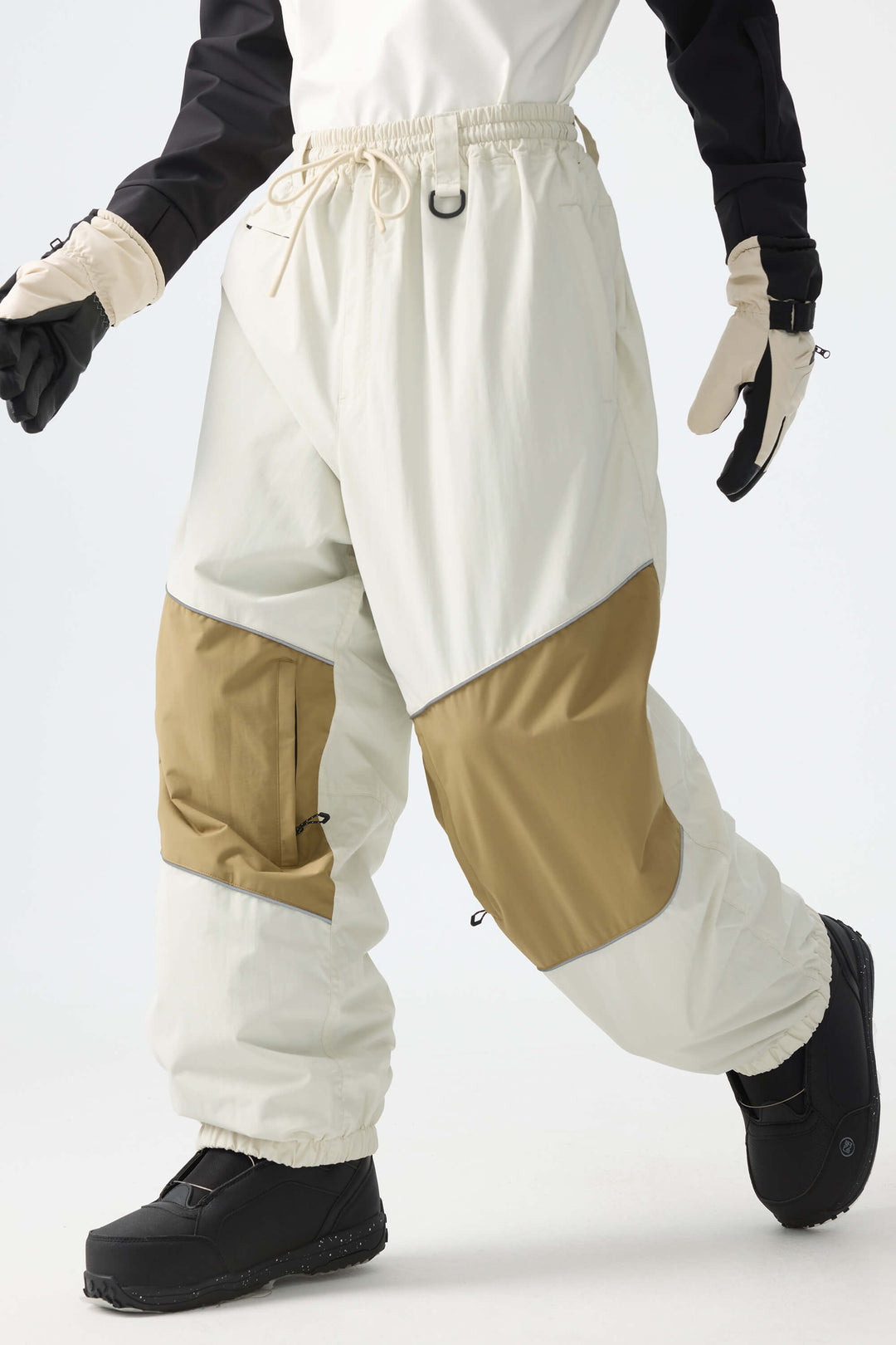 Men's Brown Color-Block Reflective Baggy Snow Pants