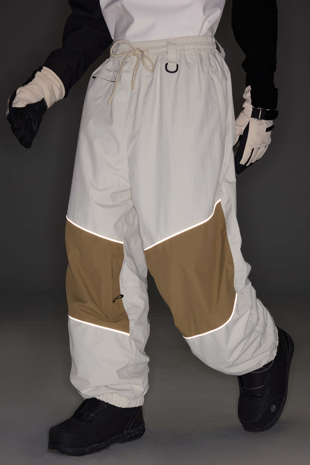 Men's Brown Color-Block Reflective Baggy Snow Pants