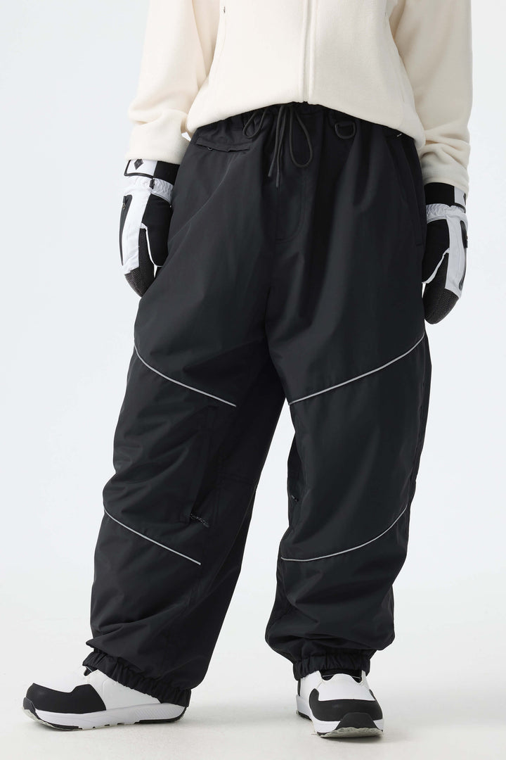 Calça de neve feminina preta, folgada e com detalhes refletivos