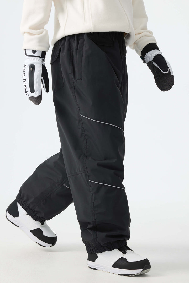 Calça de neve feminina preta, folgada e com detalhes refletivos