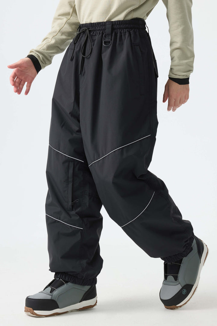 Men's Brown Color-Block Reflective Baggy Snow Pants