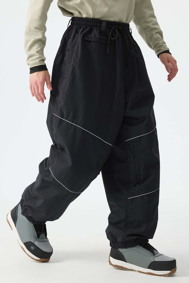 Men's Khaki Color-Block Reflective Baggy Snow Pants