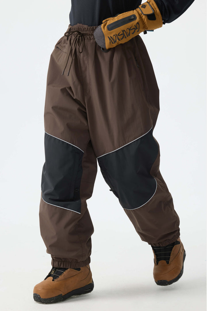 Women's Khaki Color-Block Reflective Baggy Snow Pants